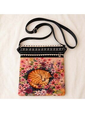 Sleeping Orange Tabby Cat Floral Crossbody Phone Bag